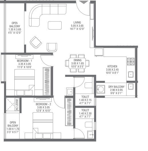 Floor plan of 2 BHK 820 Sq. Ft. Apartment in Pharande Vaanya, Pune