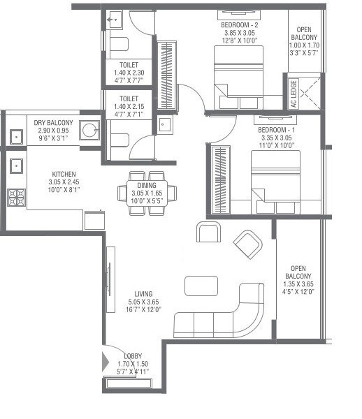 Floor plan of 2 BHK 835 Sq. Ft. Apartment in Pharande Vaanya, Pune