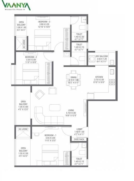 Floor plan of 3 BHK 1091 Sq. Ft. Apartment in Pharande Vaanya, Pune