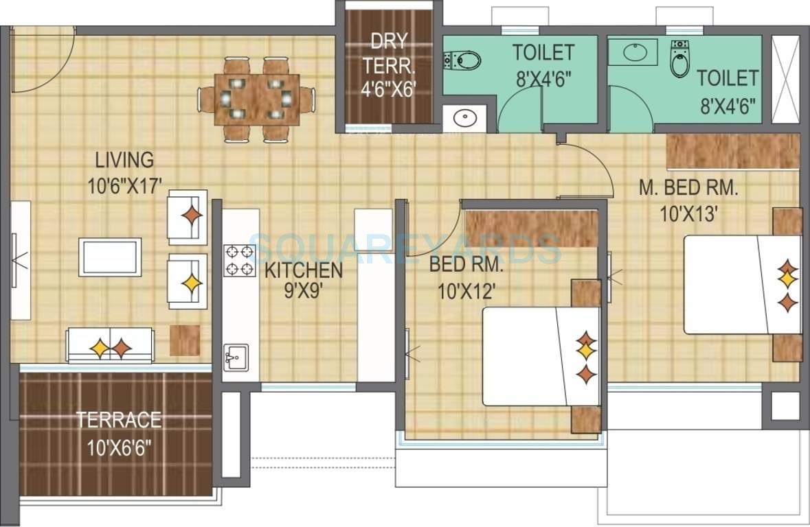 Floor plan of 2 BHK 1090 Sq. Ft. Apartment in Pharande Woodsville, Pune