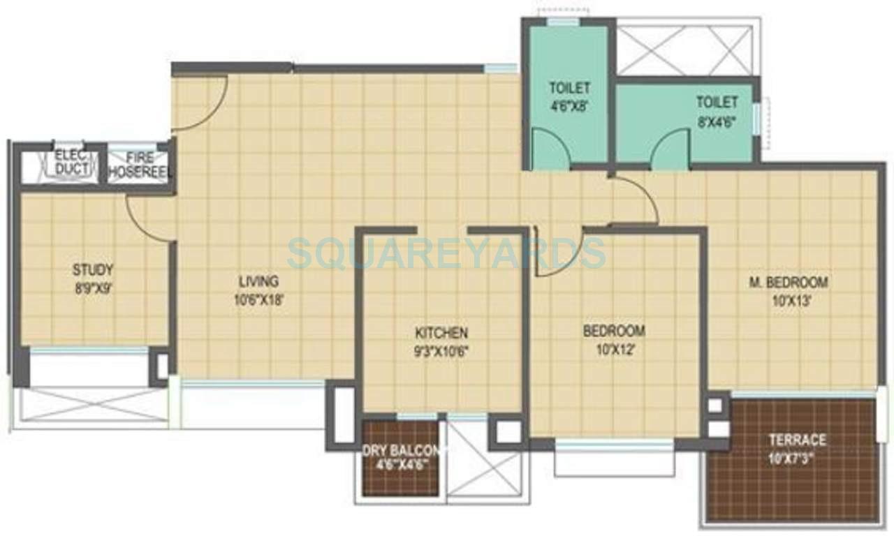 Floor plan of 2 BHK 1096 Sq. Ft. Apartment in Pharande Woodsville, Pune