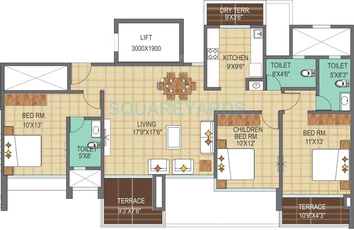 Floor plan of 3 BHK 1512 Sq. Ft. Apartment in Pharande Woodsville, Pune