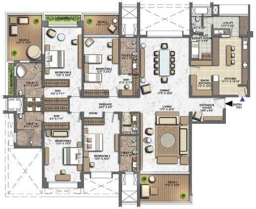 Floor plan of 4 BHK 5000 Sq. Ft. Apartment in Phoenix Fountainhead, Pune