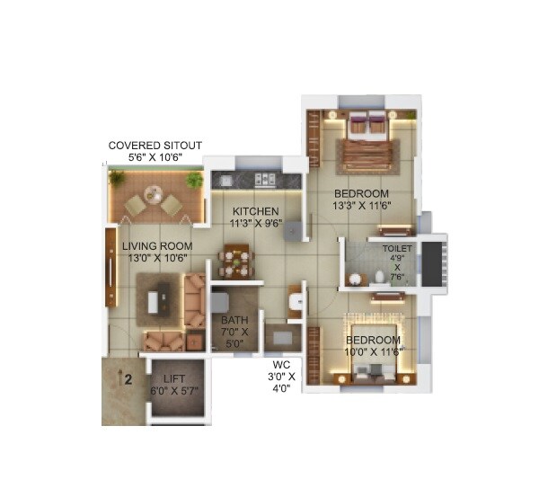 Floor plan of 2 BHK 735 Sq. Ft. Apartment in Pinnac River Dale Residency, Pune