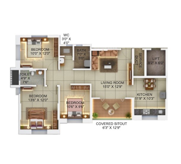 Floor plan of 3 BHK 1111 Sq. Ft. Apartment in Pinnac River Dale Residency, Pune