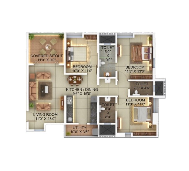Floor plan of 3 BHK 995 Sq. Ft. Apartment in Pinnac River Dale Residency, Pune