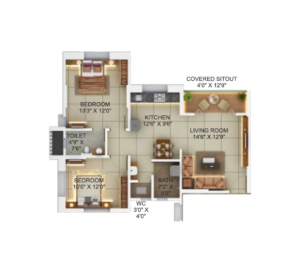 2 BHK 735 Sq. Ft. Apartment in Pinnac Riverdale Residency