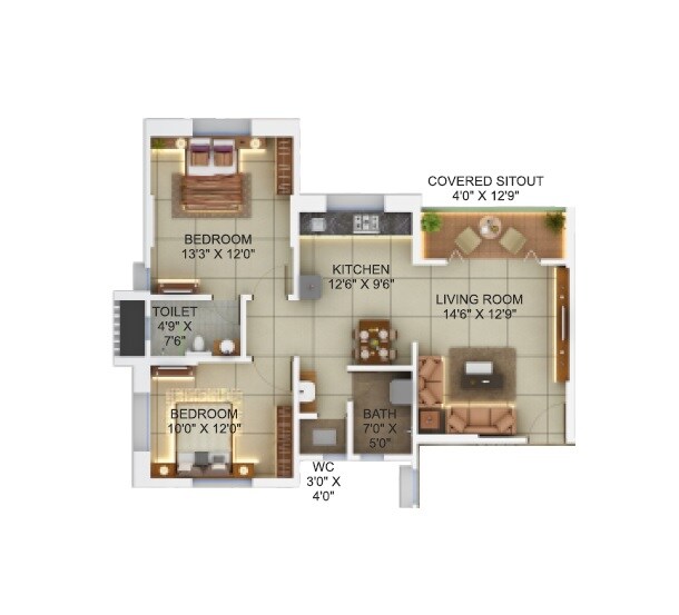 Floor plan of 2 BHK 735 Sq. Ft. Apartment in Pinnac Riverdale Residency, Pune