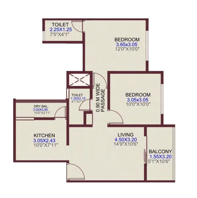 Floor plan of 2 BHK 630 Sq. Ft. Apartment in Pinnacle Horizon, Pune