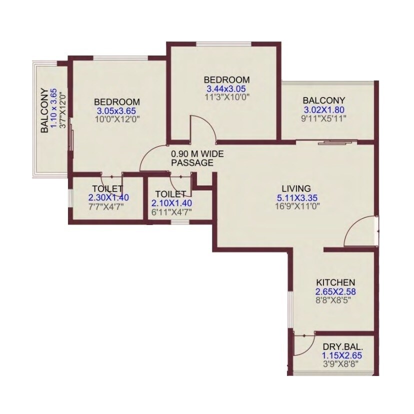 Floor plan of 2 BHK 750 Sq. Ft. Apartment in Pinnacle Horizon, Pune