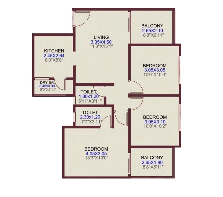 3 BHK 930 Sq. Ft. Apartment