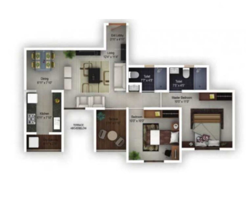 Floor plan of 2 BHK 710 Sq. Ft. Apartment in Pinnacle Neelanchal, Pune