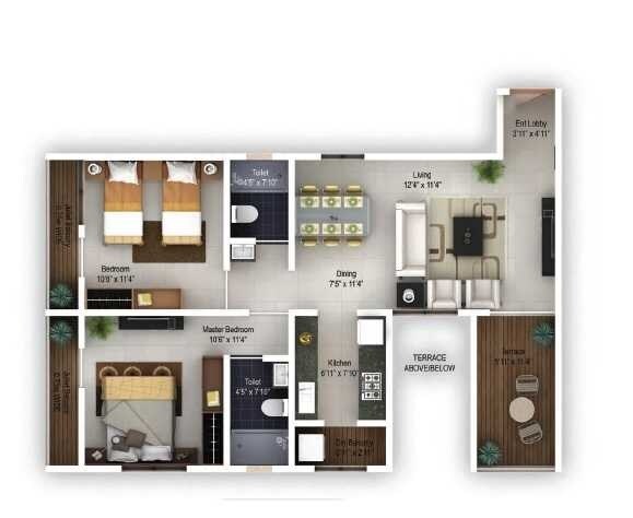 Floor plan of 2 BHK 788 Sq. Ft. Apartment in Pinnacle Neelanchal, Pune