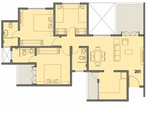 Floor plan of 3 BHK 1021 Sq. Ft. Apartment in Pinnacle Neelanchal, Pune