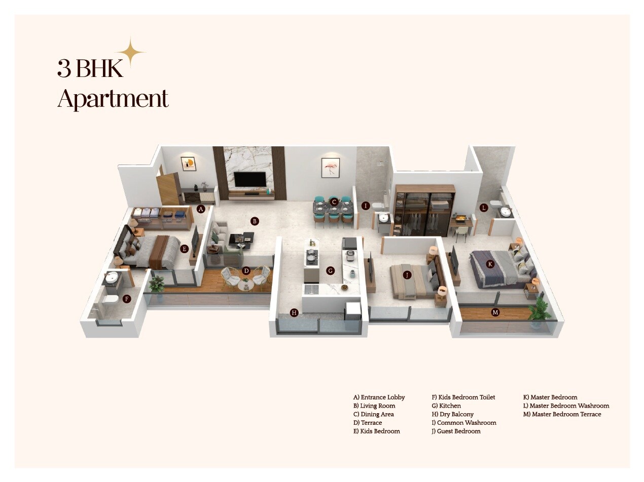 Floor plan of 3 BHK 1256 Sq. Ft. Apartment in PK Canopus, Pune