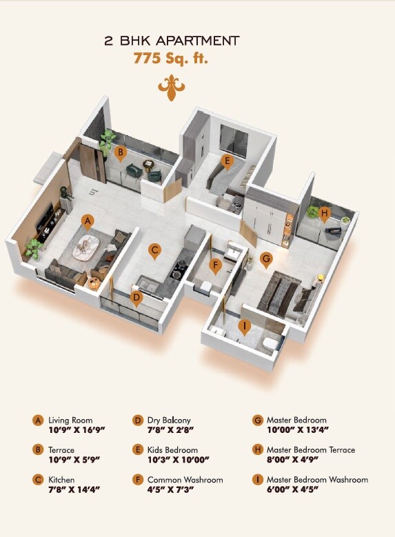 Floor plan of 2 BHK 775 Sq. Ft. Apartment in PK Ornate, Pune