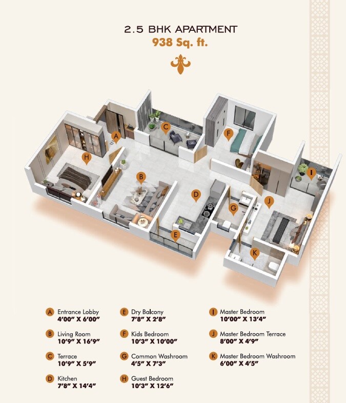 Floor plan of 2 BHK 938 Sq. Ft. Apartment in PK Ornate, Pune