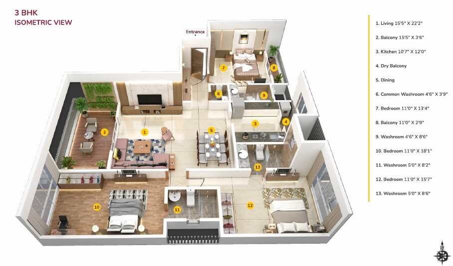 Floor plan of 3 BHK 1425 Sq. Ft. Apartment in Platinum 17 East, Pune