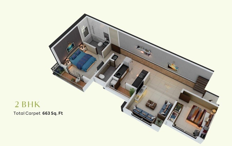 Floor plan of 2 BHK 663 Sq. Ft. Apartment in Platinum Abhiaayu Heights, Pune