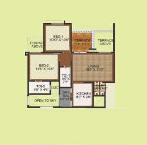 Floor plan of 2 BHK 419 Sq. Ft. Apartment in Platinum Grassland, Pune