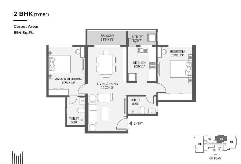 2 BHK 894 Sq. Ft. Apartment in Platinum Marvelle