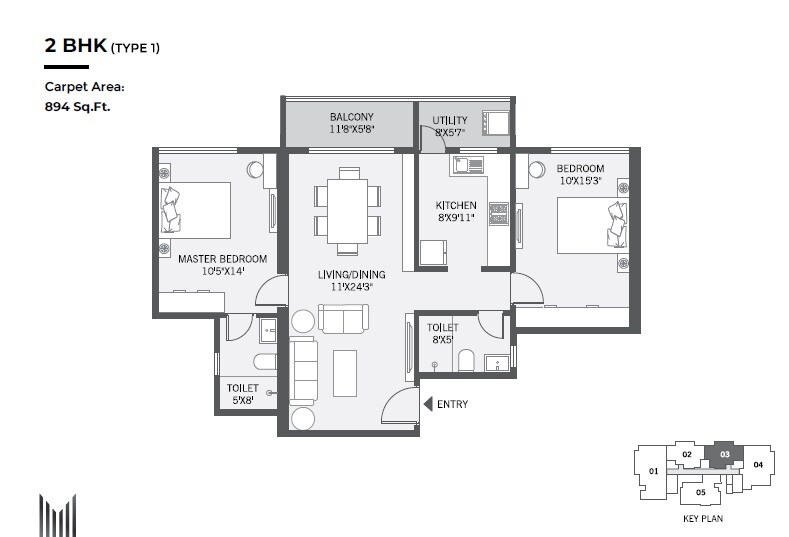 Floor plan of 2 BHK 894 Sq. Ft. Apartment in Platinum Marvelle, Pune