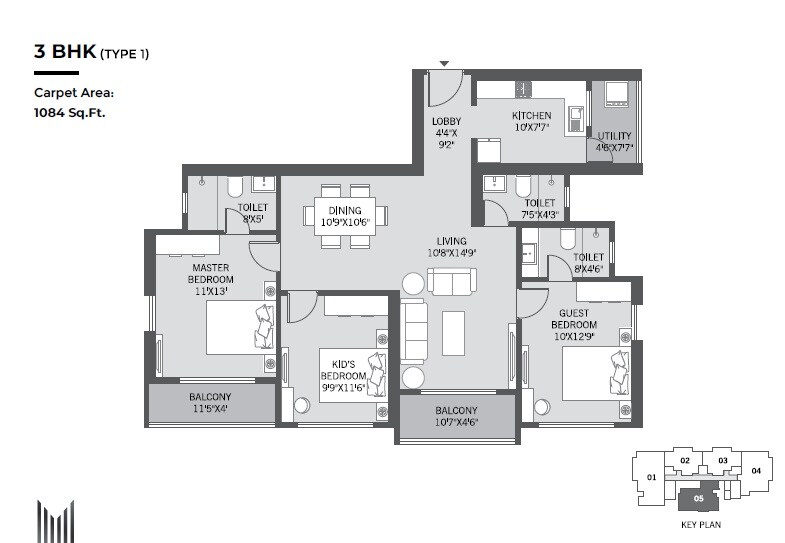 Floor plan of 3 BHK 1084 Sq. Ft. Apartment in Platinum Marvelle, Pune