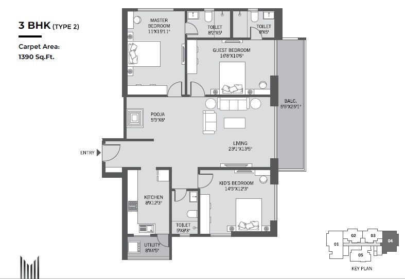 Floor plan of 3 BHK 1390 Sq. Ft. Apartment in Platinum Marvelle, Pune