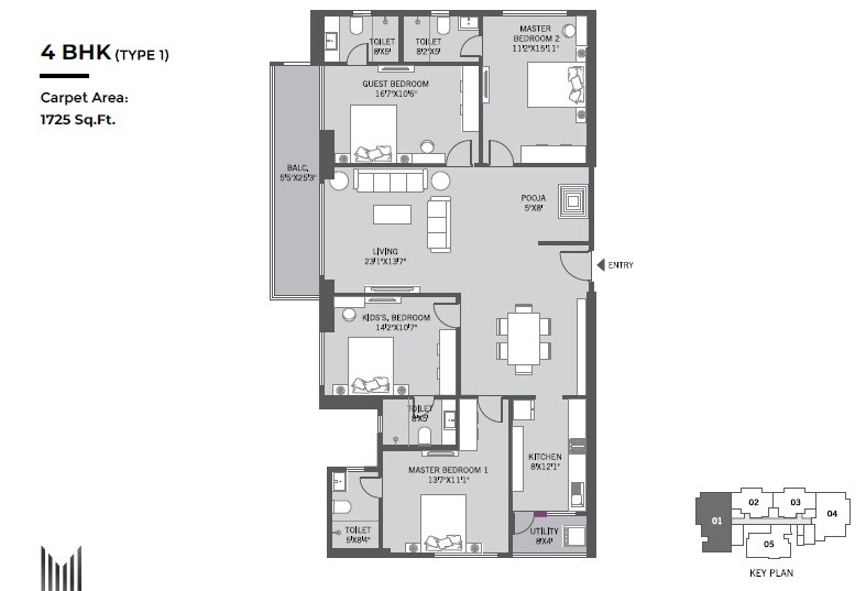 Floor plan of 4 BHK 1725 Sq. Ft. Apartment in Platinum Marvelle, Pune