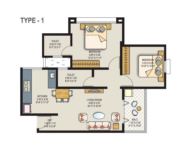 2 BHK 666 Sq. Ft. Apartment