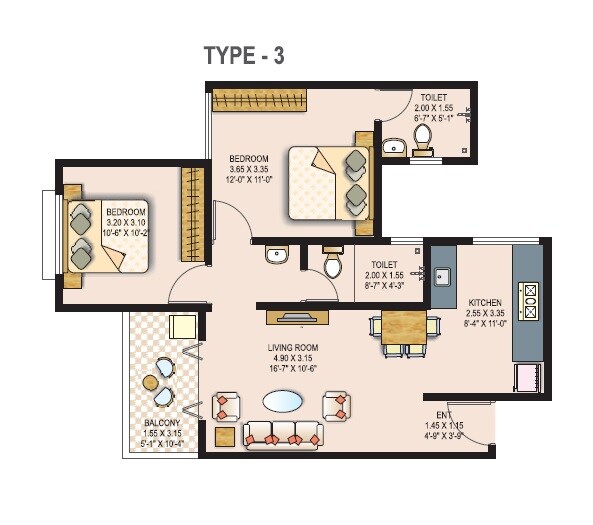 Floor plan of 2 BHK 727 Sq. Ft. Apartment in Platinum Towers Pune, Pune