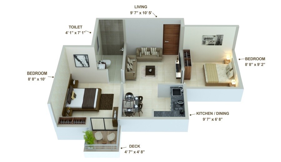 Floor plan of 2 BHK 395 Sq. Ft. Apartment in Playtor Ranjangaon, Pune