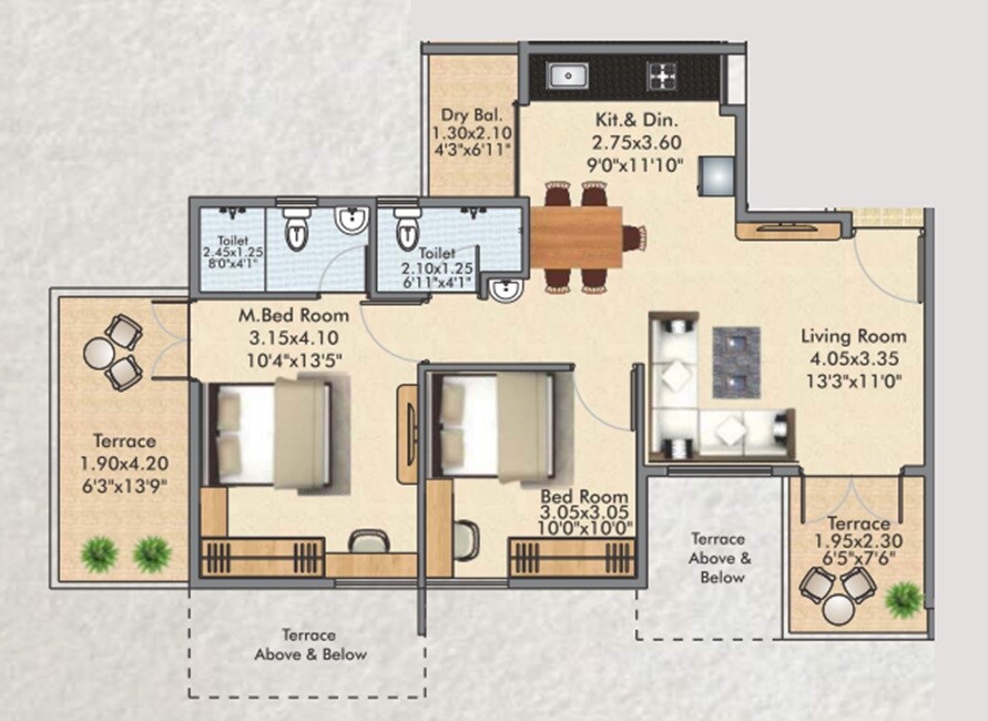 Floor plan of 2 BHK 698 Sq. Ft. Apartment in Polite Bhalchandra Vihar, Pune