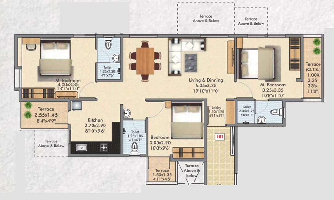 Floor plan of 3 BHK 926 Sq. Ft. Apartment in Polite Bhalchandra Vihar, Pune