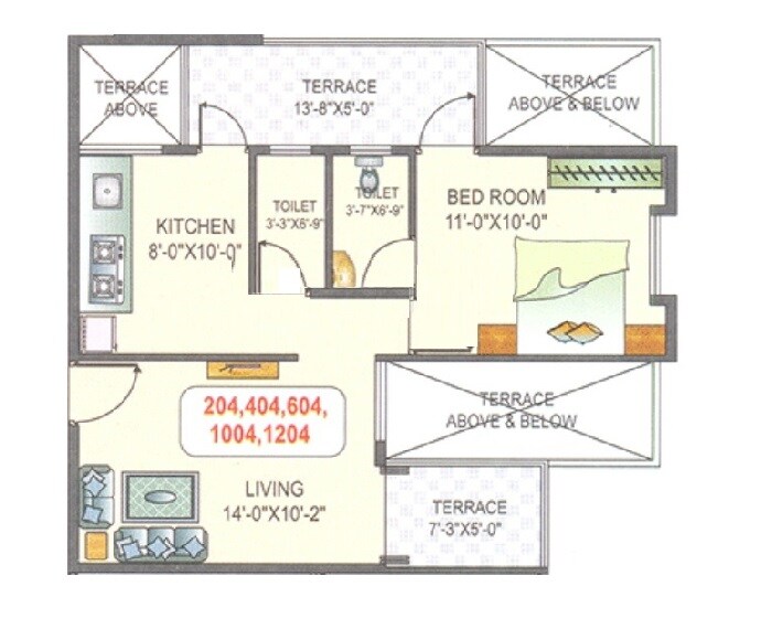 Floor plan of 1 BHK 704 Sq. Ft. Apartment in Polite Harmony, Pune