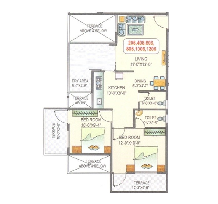 Floor plan of 2 BHK 975 Sq. Ft. Apartment in Polite Harmony, Pune