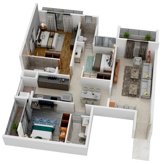 Floor plan of 3 BHK Apartment - 1095 sq. ft. in Poorva Lake Shine, Pune