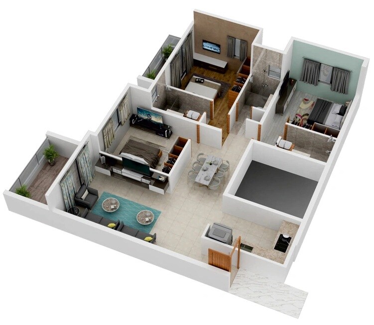 Floor plan of 3 BHK Apartment - 980 sq. ft. in Poorva Lake Shine, Pune