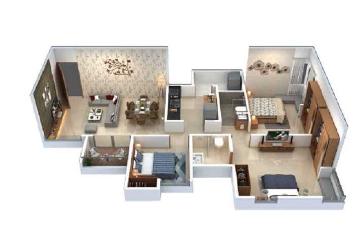 Floor plan of 3 BHK 927 Sq. Ft. Apartment in Porwal Parklane Urbanjoy, Pune