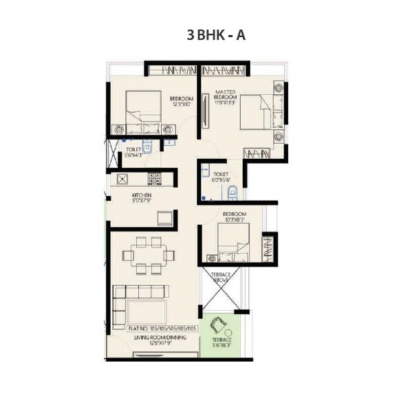 Floor plan of 3 BHK 1011 Sq. Ft. Apartment in Porwal Parklane Urbanjoy, Pune