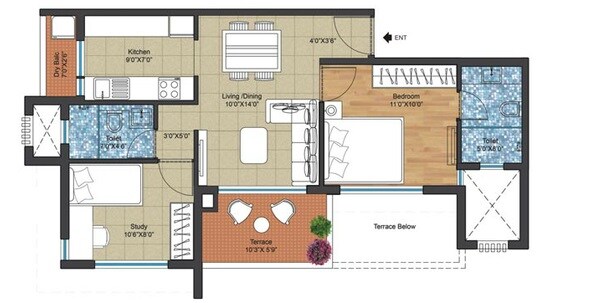 Floor plan of 1 BHK 759 Sq. Ft. Apartment in PRA East Avenue, Pune