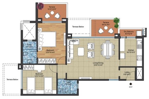 Floor plan of 2 BHK 962 Sq. Ft. Apartment in PRA East Avenue, Pune