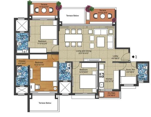 Floor plan of 3 BHK 1508 Sq. Ft. Apartment in PRA East Avenue, Pune