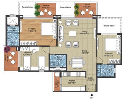 Floor plan of 3 BHK 1624 Sq. Ft. Apartment in PRA East Avenue, Pune
