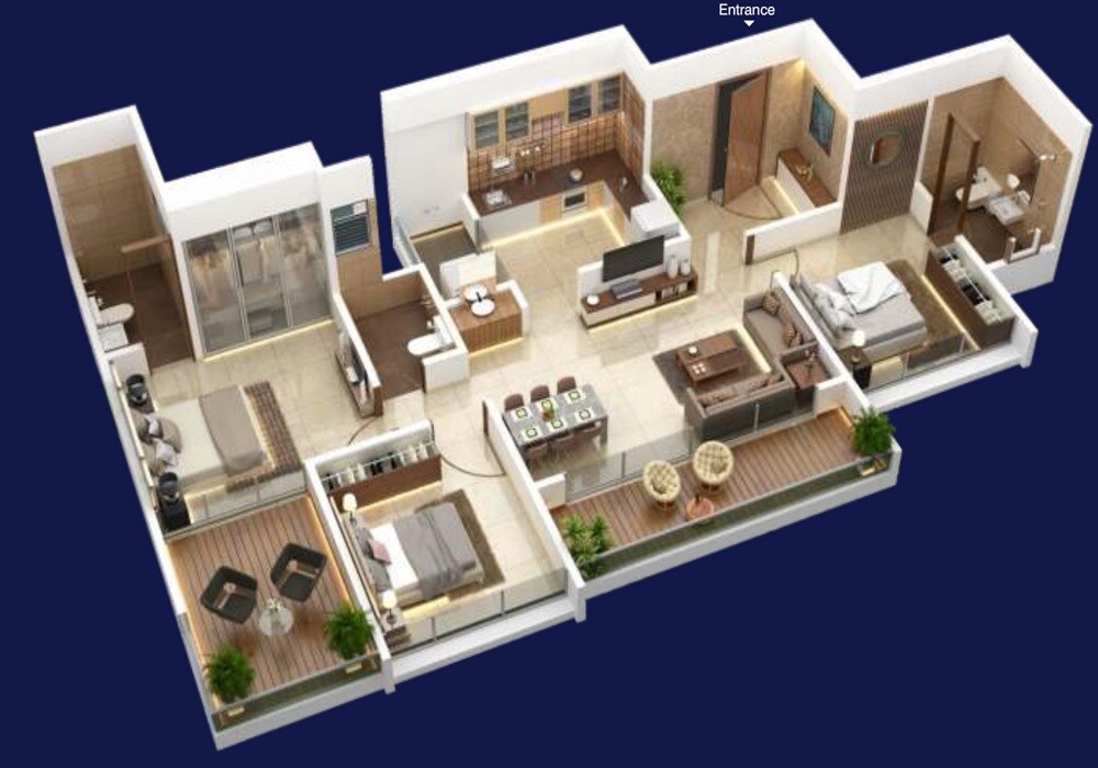 Floor plan of 3 BHK 948 Sq. Ft. Apartment in Prabhas The Sky Tower, Pune