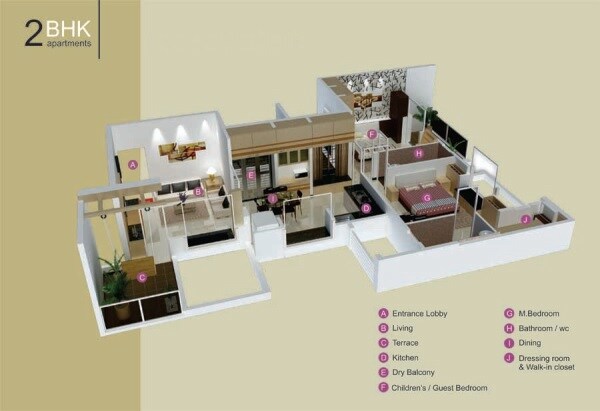 Floor plan of 2 BHK 545 Sq. Ft. Apartment in Pradnyesh Probo Prolix Pride, Pune