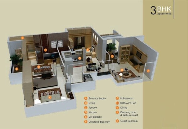 Floor plan of 3 BHK 717 Sq. Ft. Apartment in Pradnyesh Probo Prolix Pride, Pune