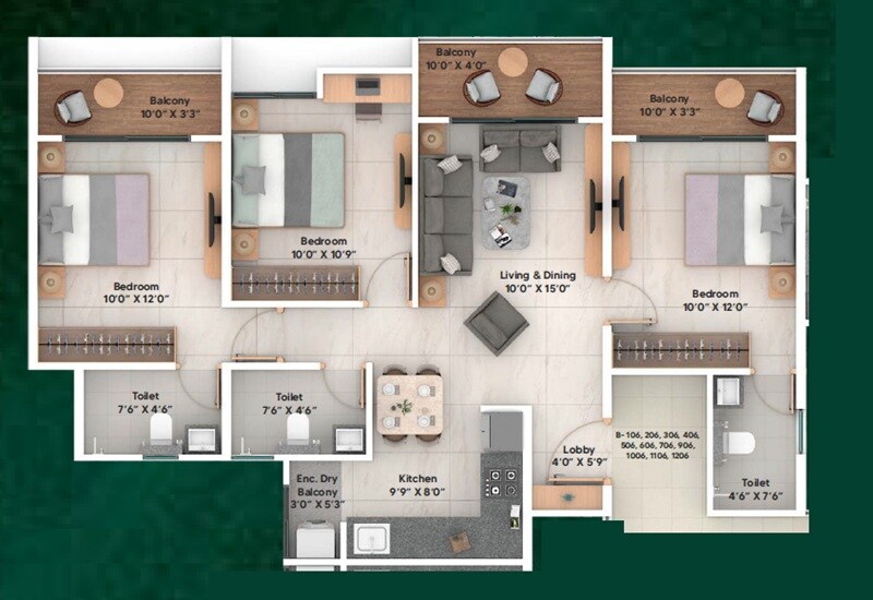 Floor plan of 3 BHK 916 Sq. Ft. Apartment in Pragati Aranyam, Pune