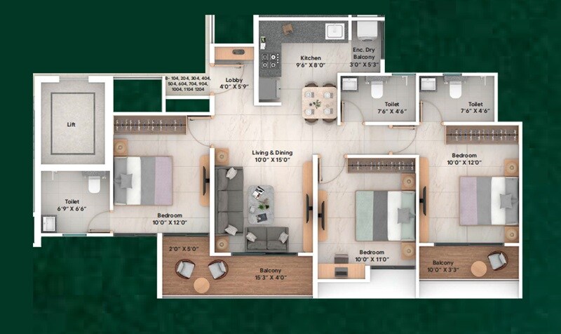 Floor plan of 3 BHK 923 Sq. Ft. Apartment in Pragati Aranyam, Pune