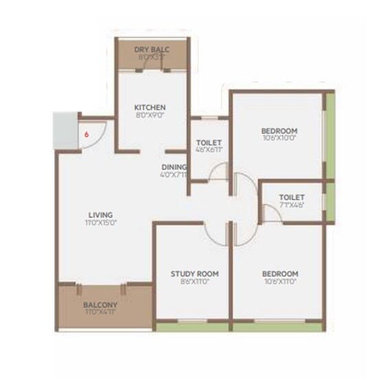Floor plan of 2 BHK 710 Sq. Ft. Apartment in Pragati Arista, Pune